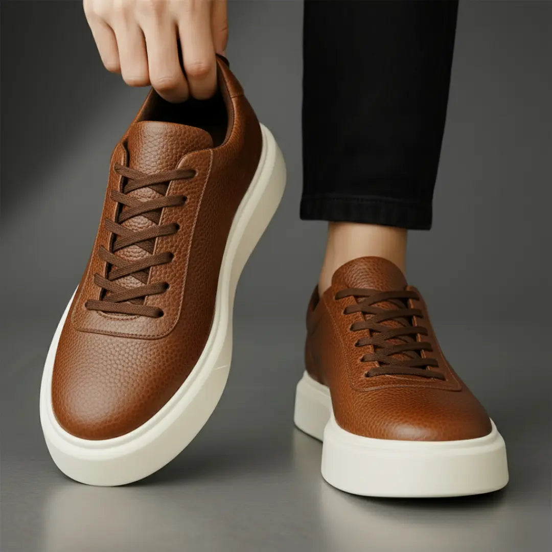Sneakers Marron en Cuir Grainé  - Tres Confortable