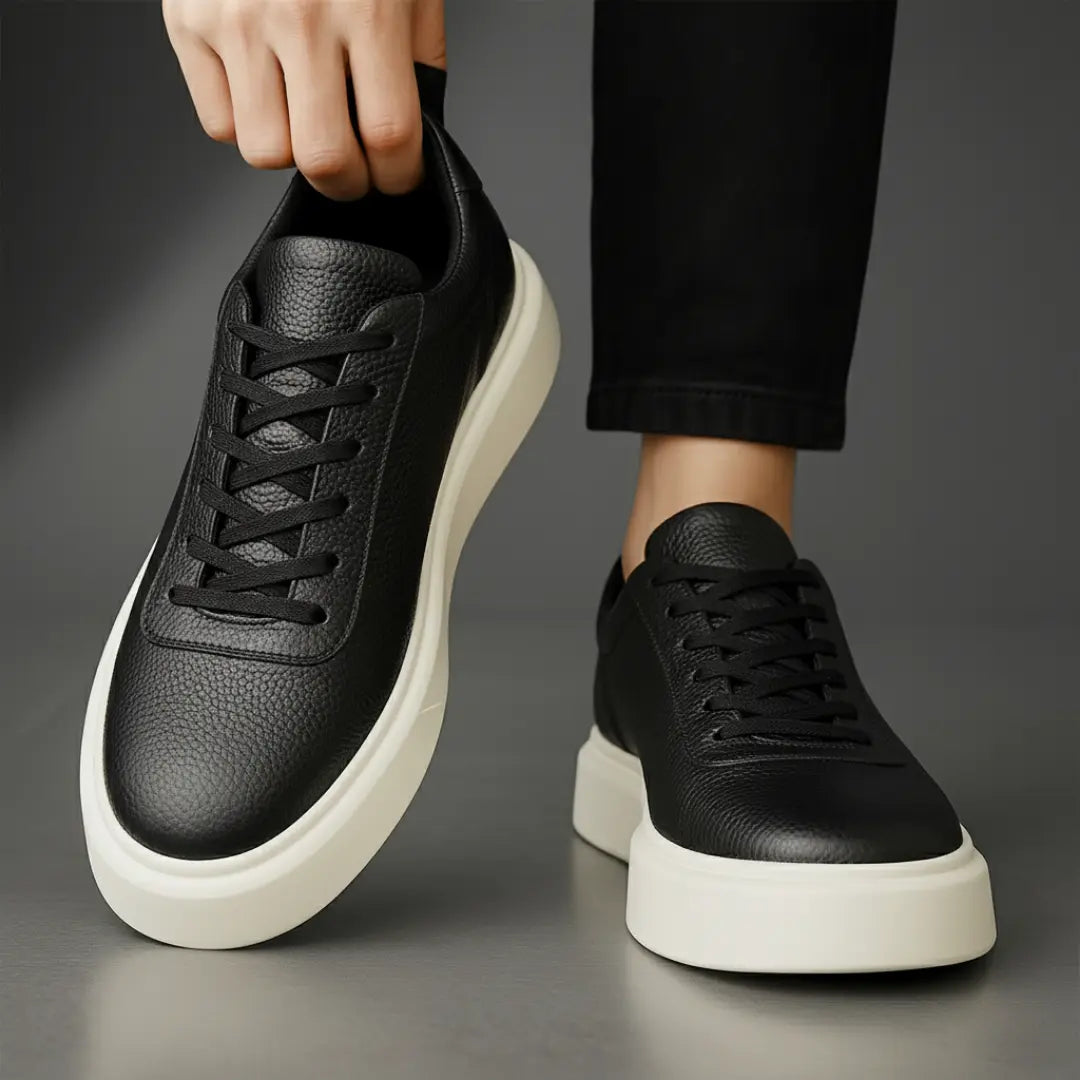 Sneakers Noir en Cuir Grainé  - Tres Confortable